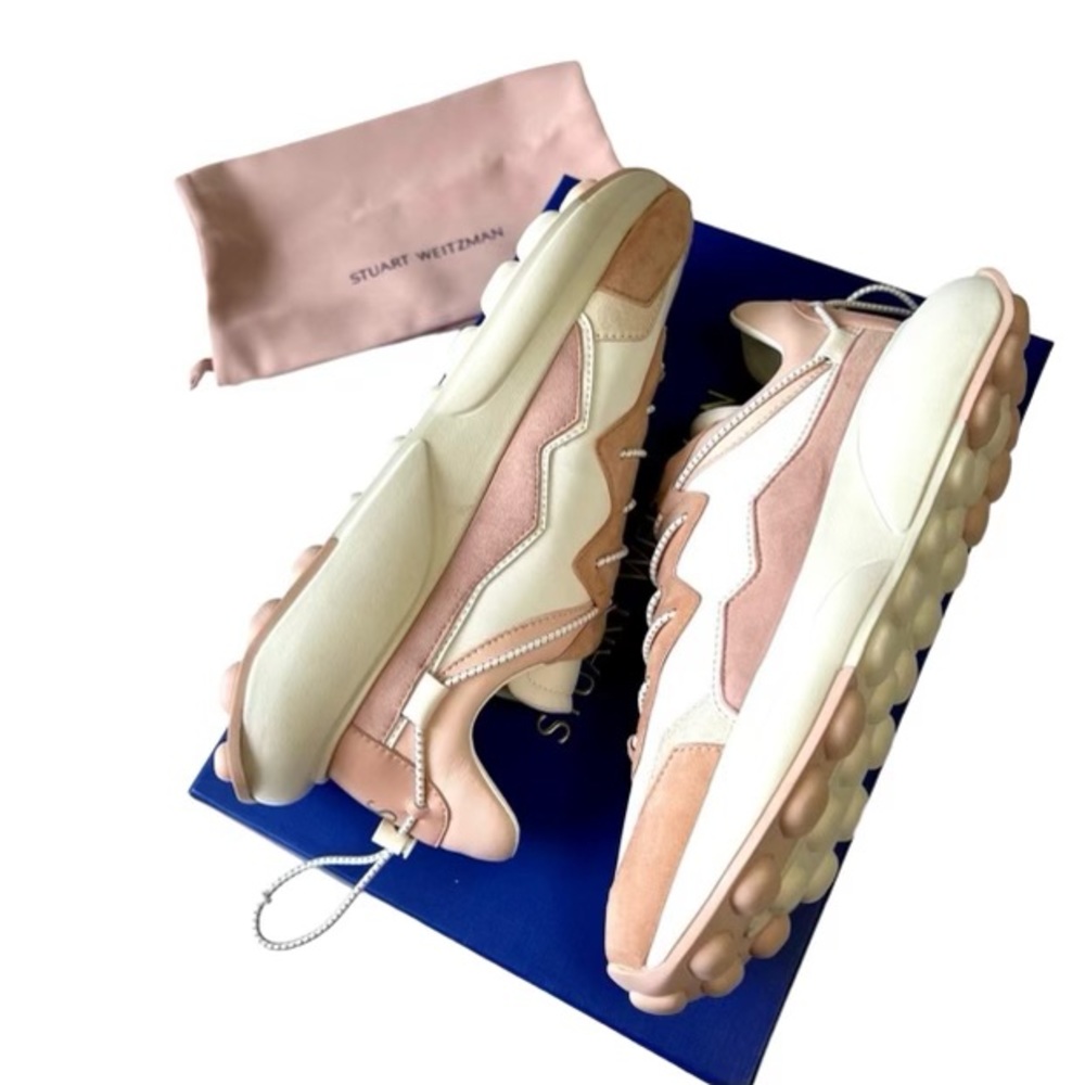 Stuart Weitzman SW 1 Sneaker Cream Poudre Suede Leather Knit Women’s Sz 8.5 Luxe